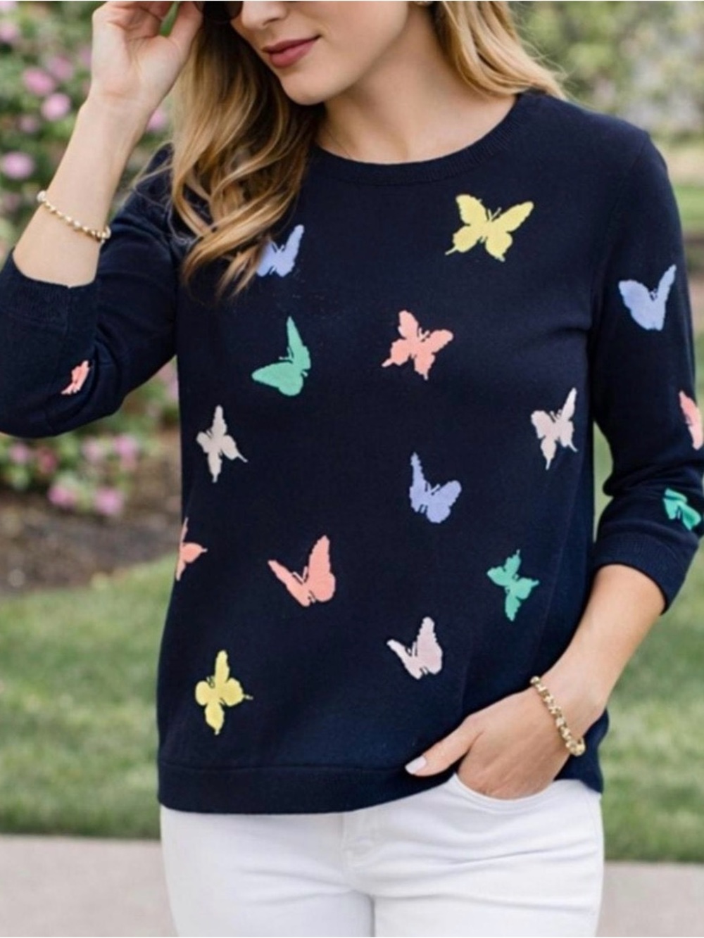 Talbots Navy Butterfly Crewneck Sweater